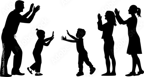 Silhouette of a family playing a hand clapping game with two parents and two children in a white background