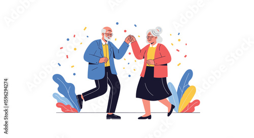 Joyful elderly couple dancing celebrating life together with confetti falling around them