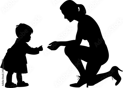 Silhouette of a woman kneeling and reaching out to a toddler in a dress on a white background
