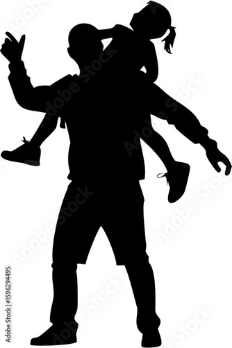 Silhouette of a father carrying his daughter on his shoulders in an outdoor setting pointing up