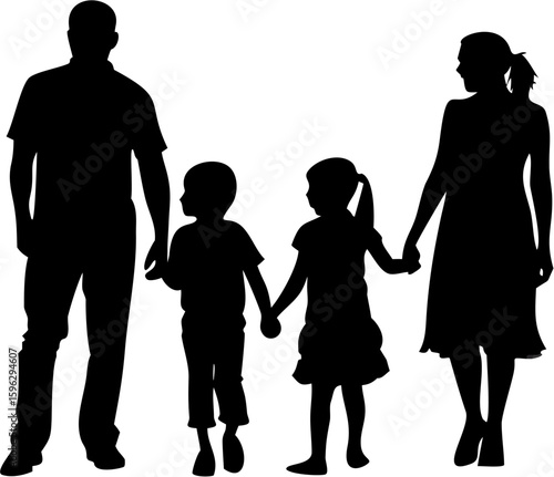 Silhouette of a family holding hands including mother father son and daughter standing together closely