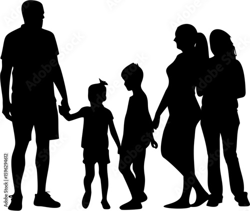 Silhouette of a family of five holding hands including parents and three children in black and white
