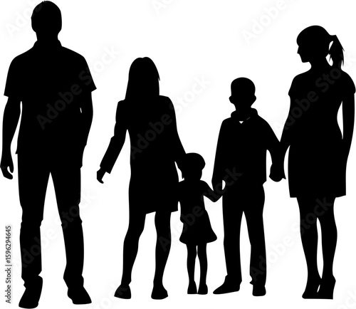 Silhouette of a family of five members standing together in a white isolated background scene image