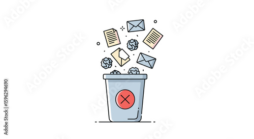 Discarding unnecessary information and documents into a trash can illustration