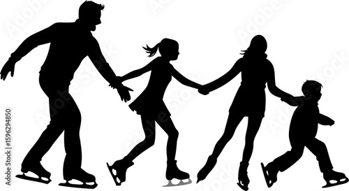 Silhouette of a family ice skating together holding hands on a white background in a line skating rink fun
