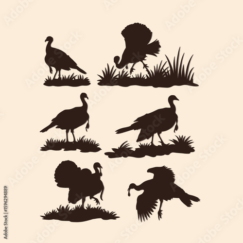 Six dark brown turkey silhouettes in various poses on light background