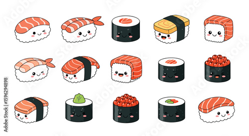 Adorable kawaii sushi rolls nigiri and maki fish rice seafood delicious japanese food