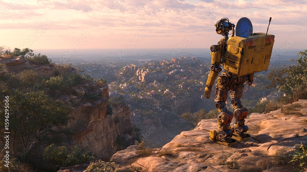 Obraz premium Futuristic Robot Explorer with Satellite Dish Backpack on Cliff, Observing Hybrid Digital and Natural Terrain, AI Survivalist Theme