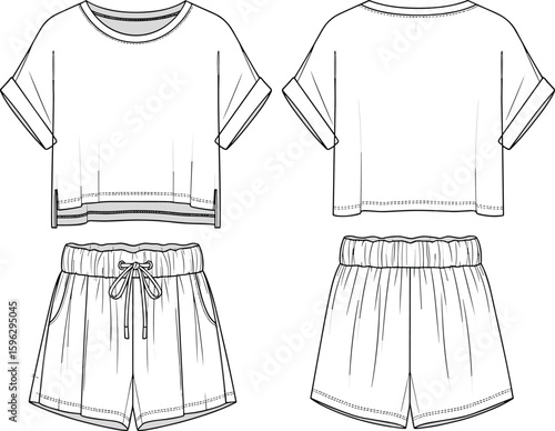 Women’s casual summer co-ord set, crop top and shorts, rolled sleeve detail, cad drawing, flat sketch, vector illustration