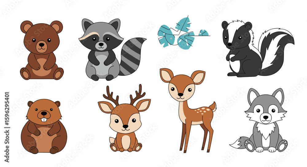 Obraz premium Adorable forest animals collection featuring cute bear raccoon skunk deer and wolf characters for whimsical woodland designs