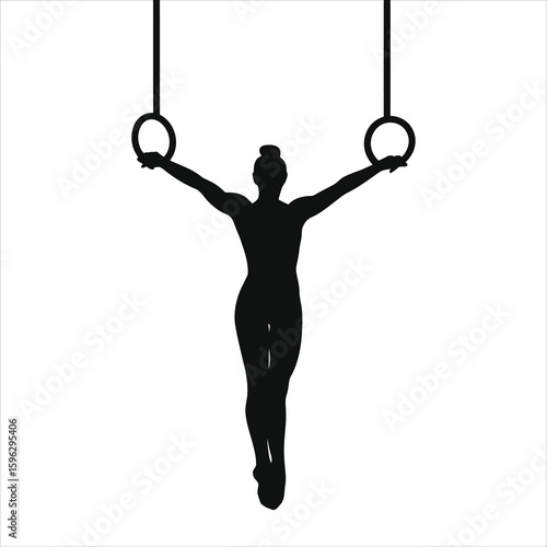 Minimalist Black Silhouette Female Gymnast Posing on Rings Vector

