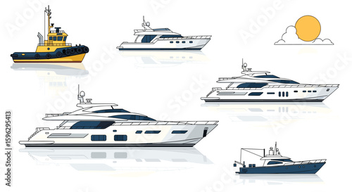 Collection of luxury yachts and tugboat with sunny sky isolated on white background illustration