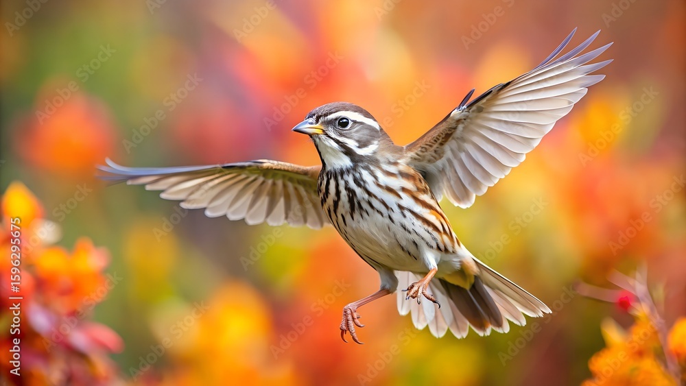 Obraz premium Song Sparrow Flying with Spread Wings and Colorful Blurred Background