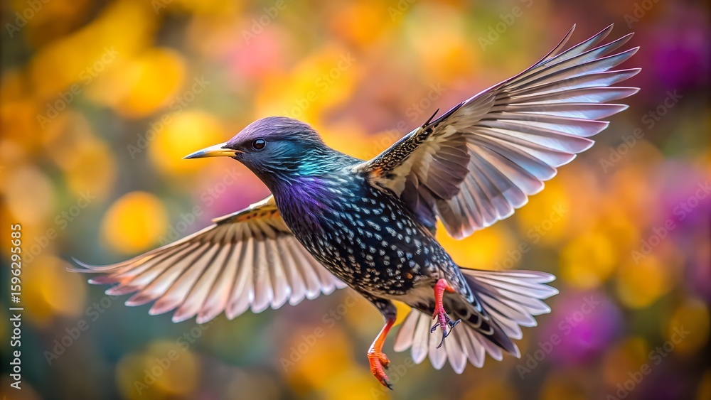 Obraz premium Starling Flying with Spread Wings and Colorful Blurred Background