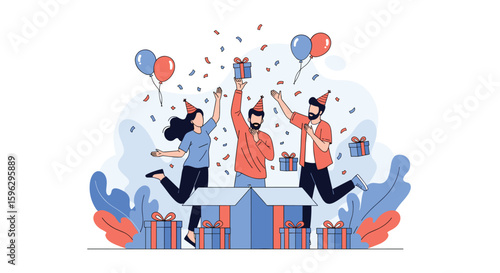 Excited people celebrating a surprise party event with gifts balloons and confetti falling down