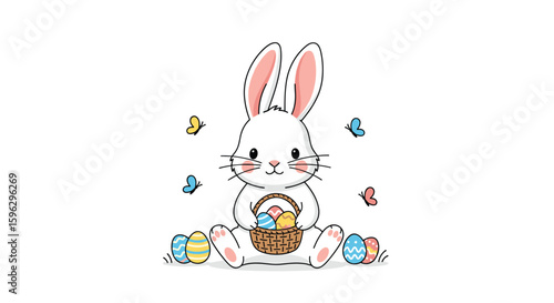 Adorably cute fluffy easter bunny rabbit holding a woven basket full of colorful eggs surrounded by fluttering butterflies on a white background festive spring holiday illustration