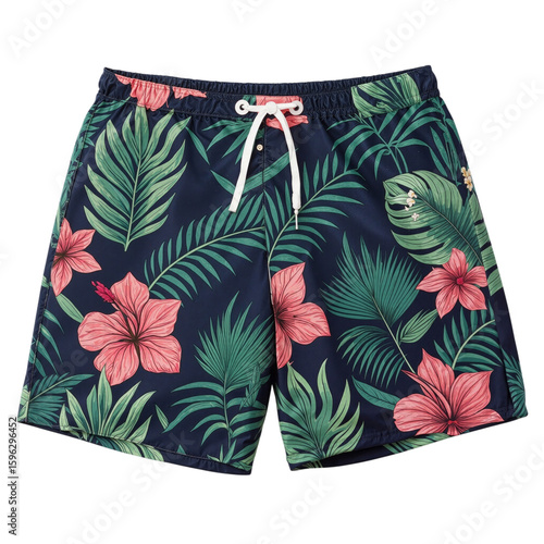 Dark blue men's swim shorts with vibrant pink hibiscus flowers and green tropical palm leaf pattern, featuring a white drawstring, isolated on a white background