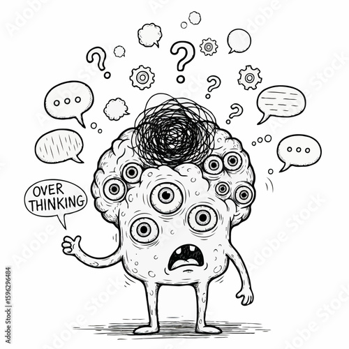 Overthinking monster with many eyes and question marks around it