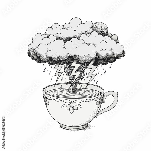 A storm in a teacup whimsical illustration black and white