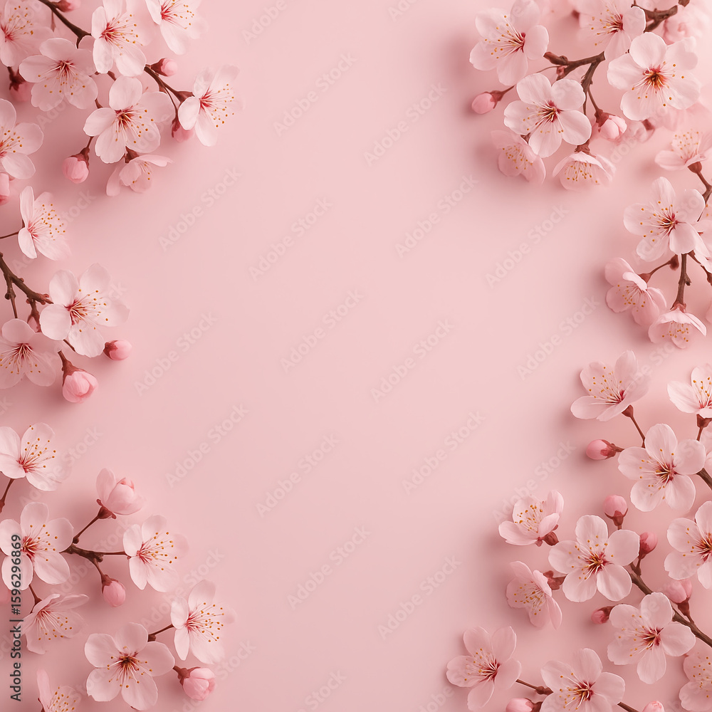 Fototapeta premium Cherry blossom branches with soft pink flowers on pastel background creating a romantic spring floral frame 
