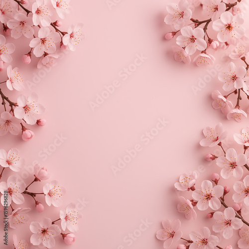 Cherry blossom branches with soft pink flowers on pastel background creating a romantic spring floral frame
