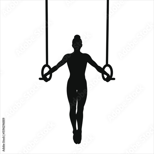 Minimalist Black Silhouette Female Gymnast on Rings - Vector Art