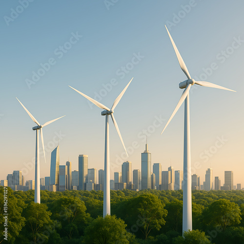 Wind turbines generating renewable energy near modern city skyline symbolizing sustainable urban development
