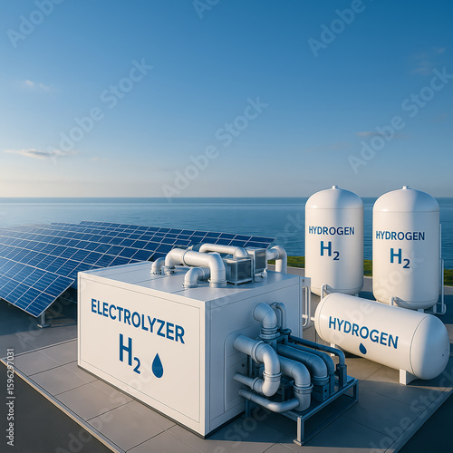 Hydrogen production facility with electrolyzer and solar panels by the sea promoting clean renewable energy
