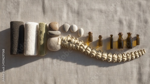Wellness flat lay with spine model, oils, and spa items