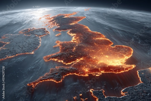 Uk map transformed by temperature heat maps and data streams. Uk climate shift. Meteorological society journal details uk climate changes. Climate science. Weather extremes.
