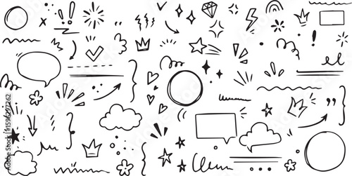 Hand-Drawn Doodle Set with Arrows, Stars, Bubbles, Clouds, and Embellishments for Creative Design