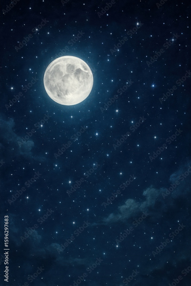 Naklejka premium Full moon and starry night sky with soft clouds