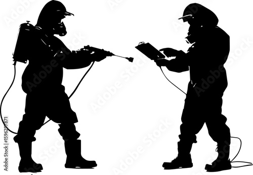Hazmat Suit Workers Silhouette with Spray and Clipboard