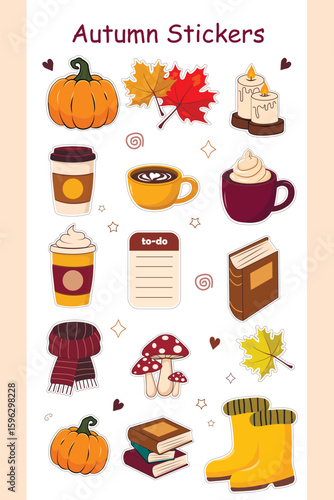 Fall Planner Sticker Set, Cartoon Style, Pumpkins, Leaves, Warm Drinks, Wellingtons, Scarves, Mushrooms, Candles, Books