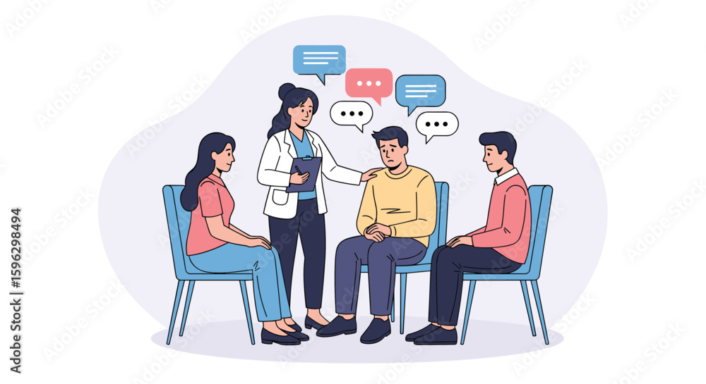 Group therapy session offering support and understanding among members Group therapy session offering support and understanding among members