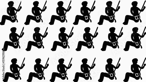 Repeating pattern of silhouetted climbers with ropes and harnesses against a white background design