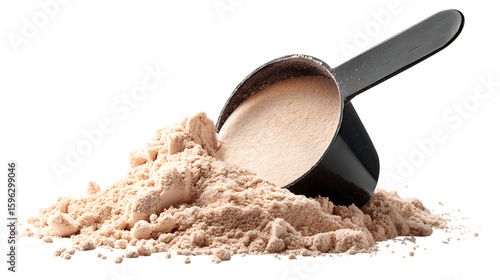 Whey Protein Powder with Scoop on Black Background Fitness Supplement for Muscle Building and Health Nutrition Concept