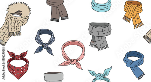 Cozy winter fashion accessories collection representing diverse styles of scarves and neckwear
