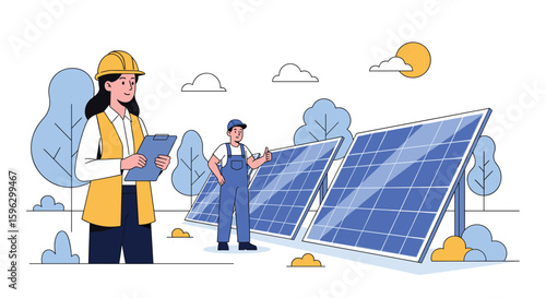 Two technicians installing solar panels in an outdoor renewable energy environment under a sunny sky