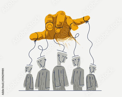 Hand of a toxic manipulator controls his victims, social zombies concept, social manipulations dictatorship and control, cultural code, vector illustration of psychological manipulation.