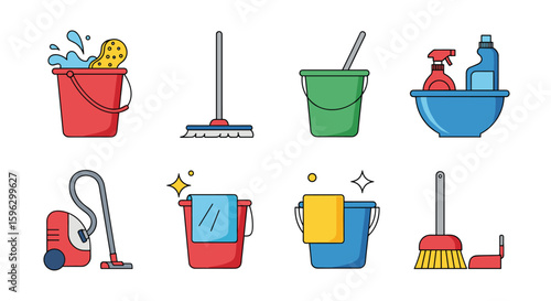 Essential household cleaning tools and supplies for a spotless home environment