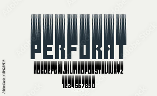Halftone dotted futuristic cyberpunk font for logos and posters, vector brutal industrial typeface alphabet letters and numbers, urban technic future typography.