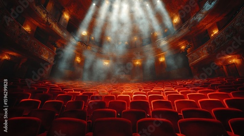 Empty theater auditorium with red seats and dramatic lighting