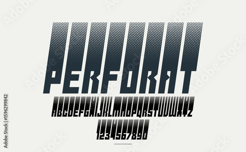 Halftone dotted futuristic cyberpunk font for logos and posters, vector brutal industrial typeface alphabet letters and numbers, urban technic future typography, italic version.