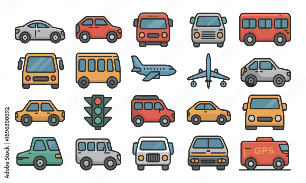 Naklejka premium Flat-Style Transportation Icons – Modern Vector Set with Consistent Proportions & Color Scheme 