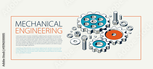 Mechanical engineering advertising, gears and cogs composition isometric 3D vector illustration, cogwheels system technology and technics machinery engine ad.