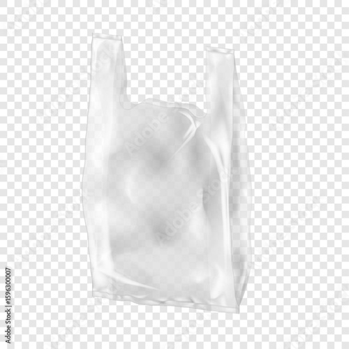 Clear plastic T-shirt bag. Realistic vector mockup. Blank white transparent shopping Tshirt bag with handles. 3d mock-up. Carry polyethylene package. Template for design