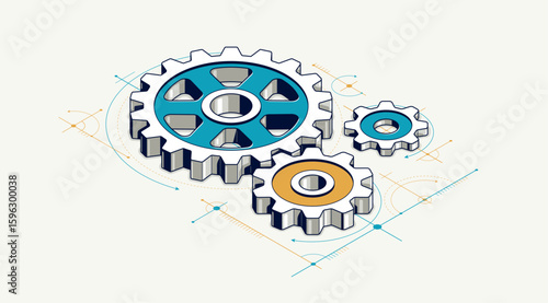 Mechanical engineering concept, gears and cogs with project drawing draft isometric 3D vector illustration, cogwheels system technology and technics machinery engine.