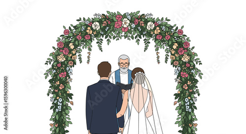 Romantic wedding ceremony under a beautiful floral archway with bride groom and officiant