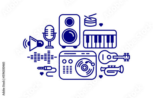 Music and sound producing vector detailed icon, recording studio mix audio, audio engineering bundle.